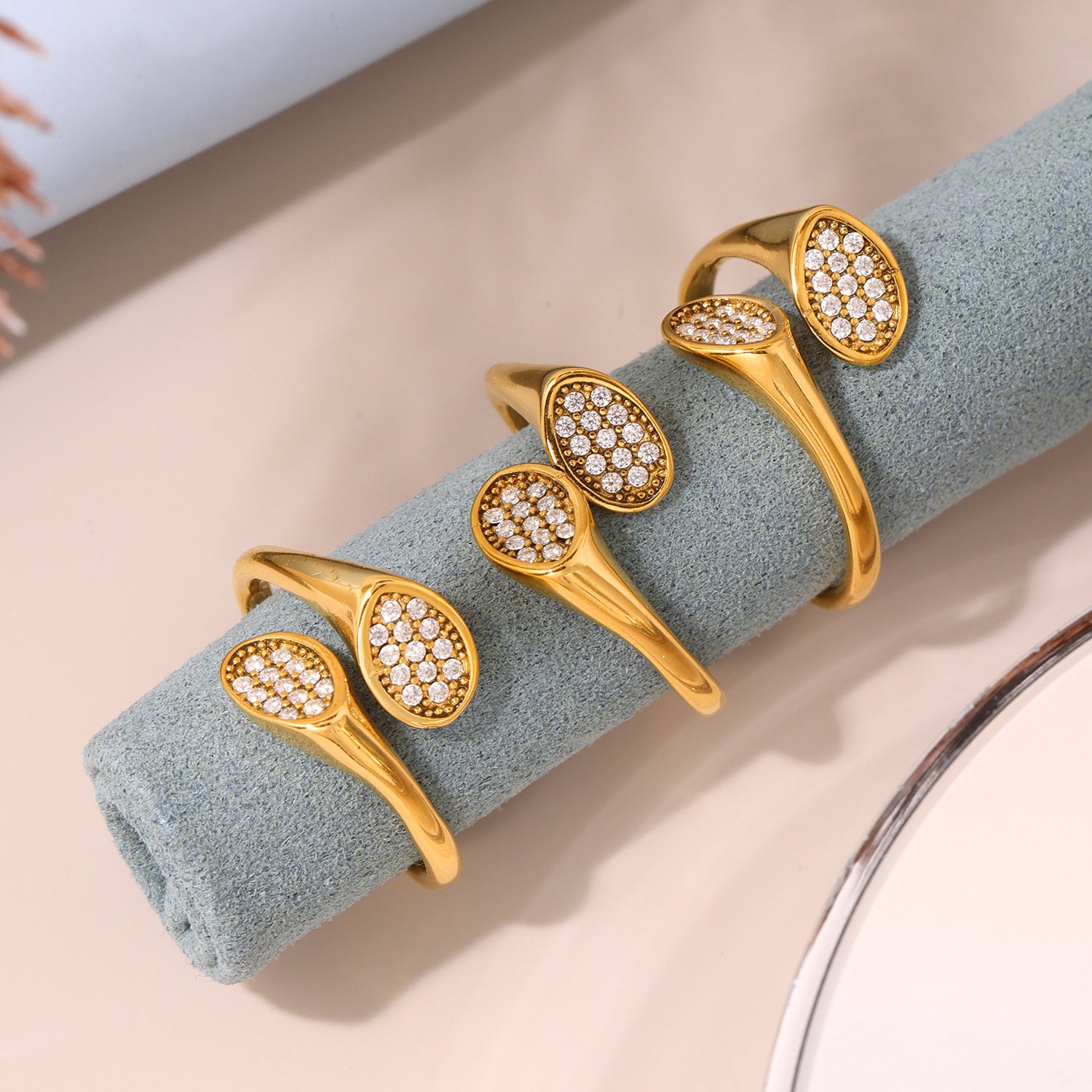 Jewelry Irregular High Texture Zircon Inlaid Design Open Ring Stainless Steel Plated Real Gold Index Finger Ring
