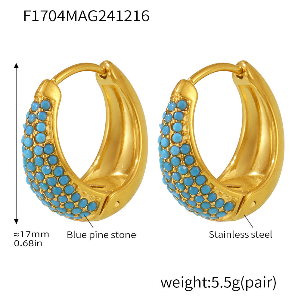 Blue Turquoise Colorful Zircon Circle Earrings Temperament Ear Buckles Commuter Earrings Stainless Steel Electroplated 18K Real Gold