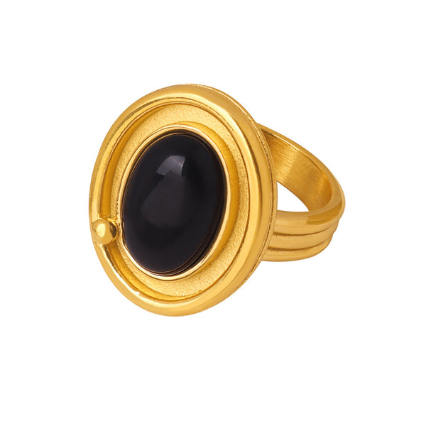 Stainless steel oval black agate ring light luxury ring titanium steel 18K real gold hand jewelry