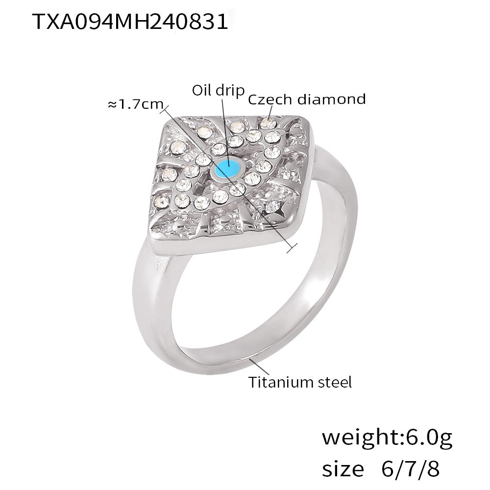 Magic Eye Diamond Square Pendant Clavicle Necklace Fashion Ring Set Titanium Steel PVD Plated 18K Gold