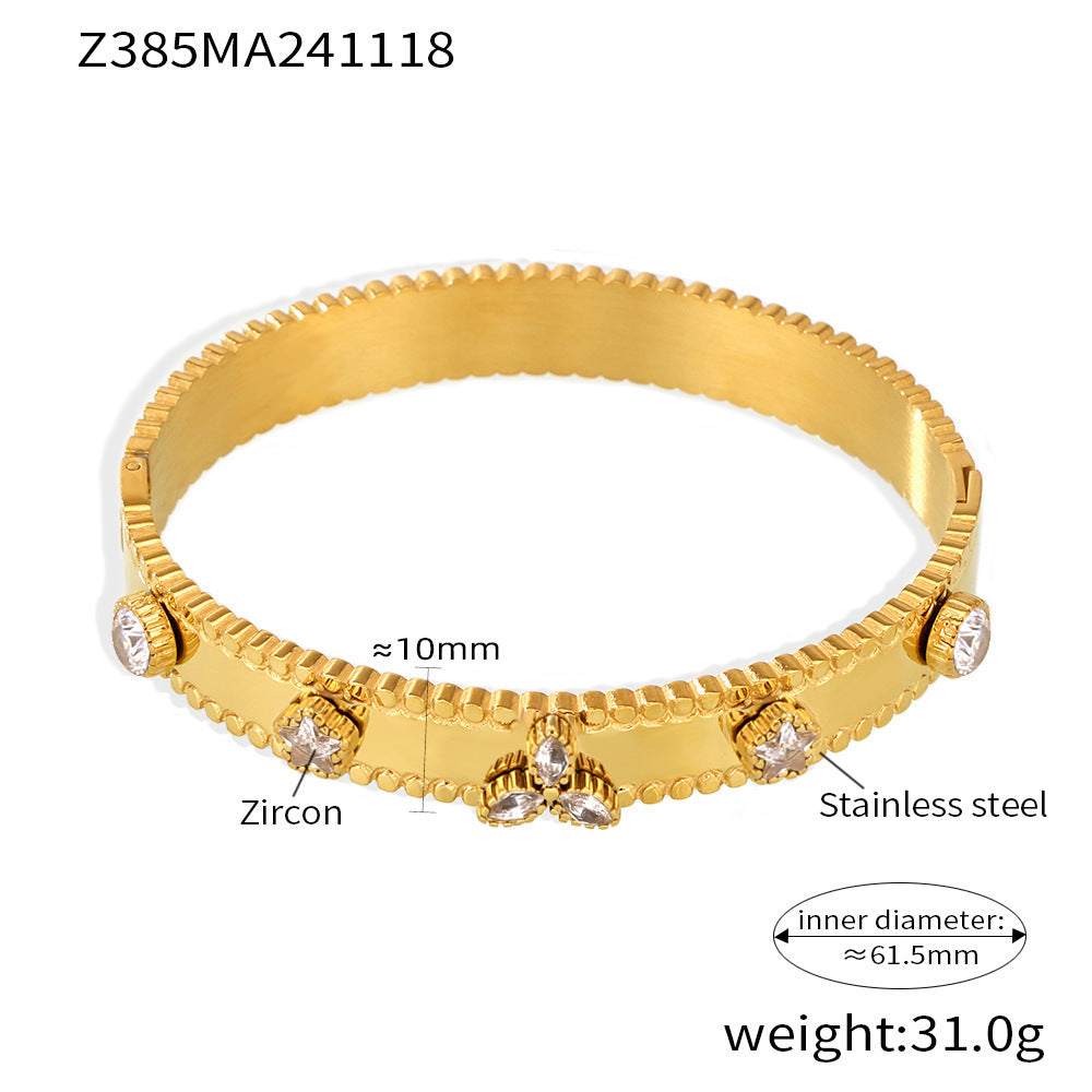 Stainless steel clover zircon bracelet Czech glass flower buckle gear bracelet 18K electroplated real gold pp