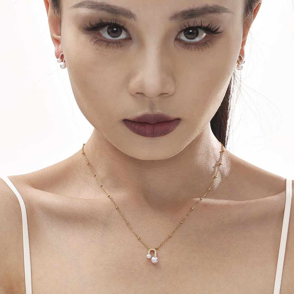 U-shaped bead zircon necklace stud earrings niche design sense light luxury fashion clavicle chain earrings titanium steel set