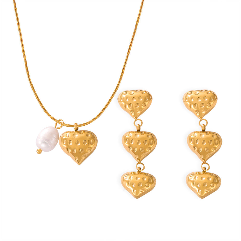 Hot-selling personalized freshwater pearl geometric texture design sense love pendant titanium steel gold-plated jewelry set