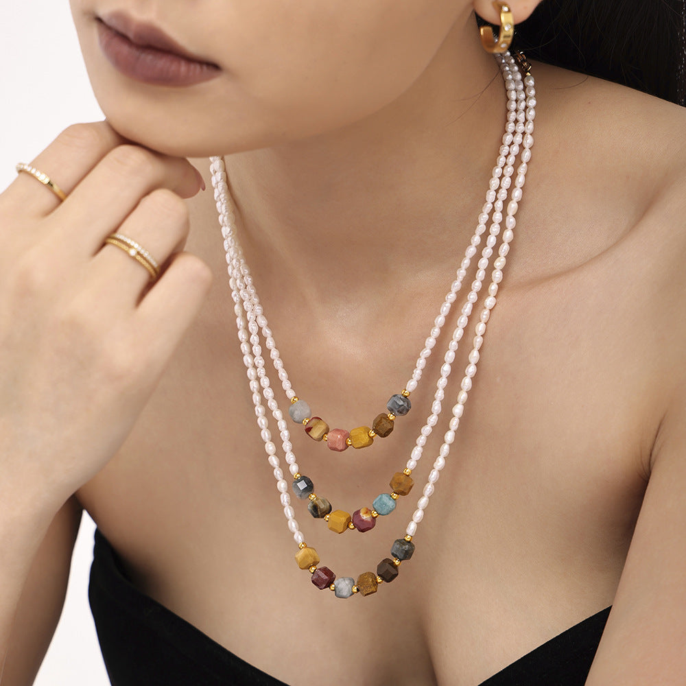 Freshwater pearl natural stone handmade beaded necklace light luxury elegant girl stainless steel neck chain jewelry spot