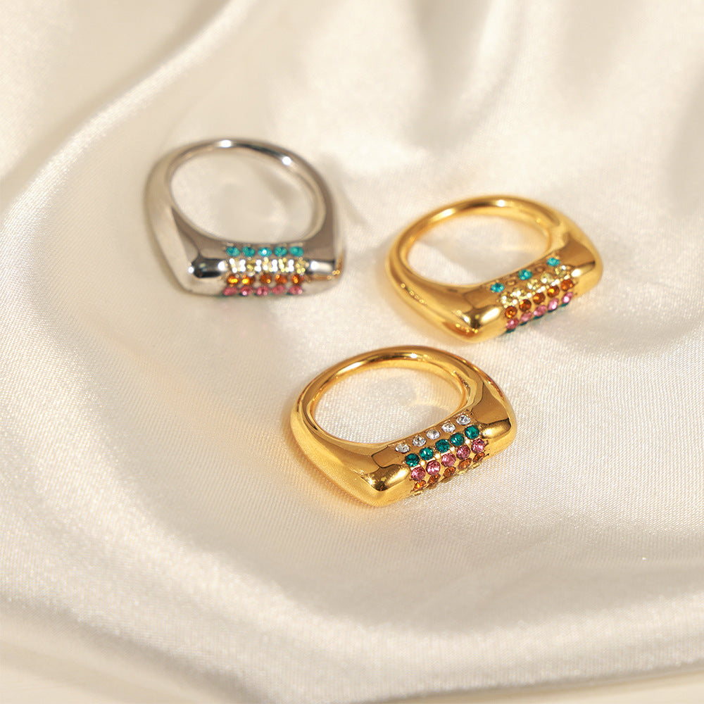 New fashion light luxury niche titanium steel gold-plated with colored diamonds geometric ring ring simple personalized jewelry female pp