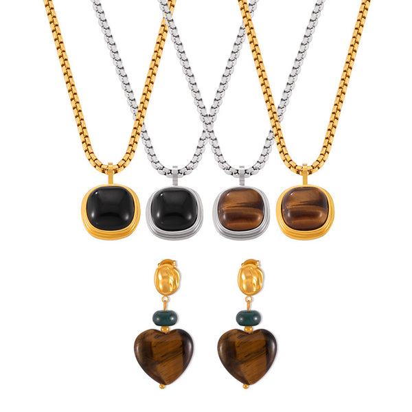 Retro niche light luxury jewelry inlaid with tiger's eye stone square pendant love titanium steel jewelry set