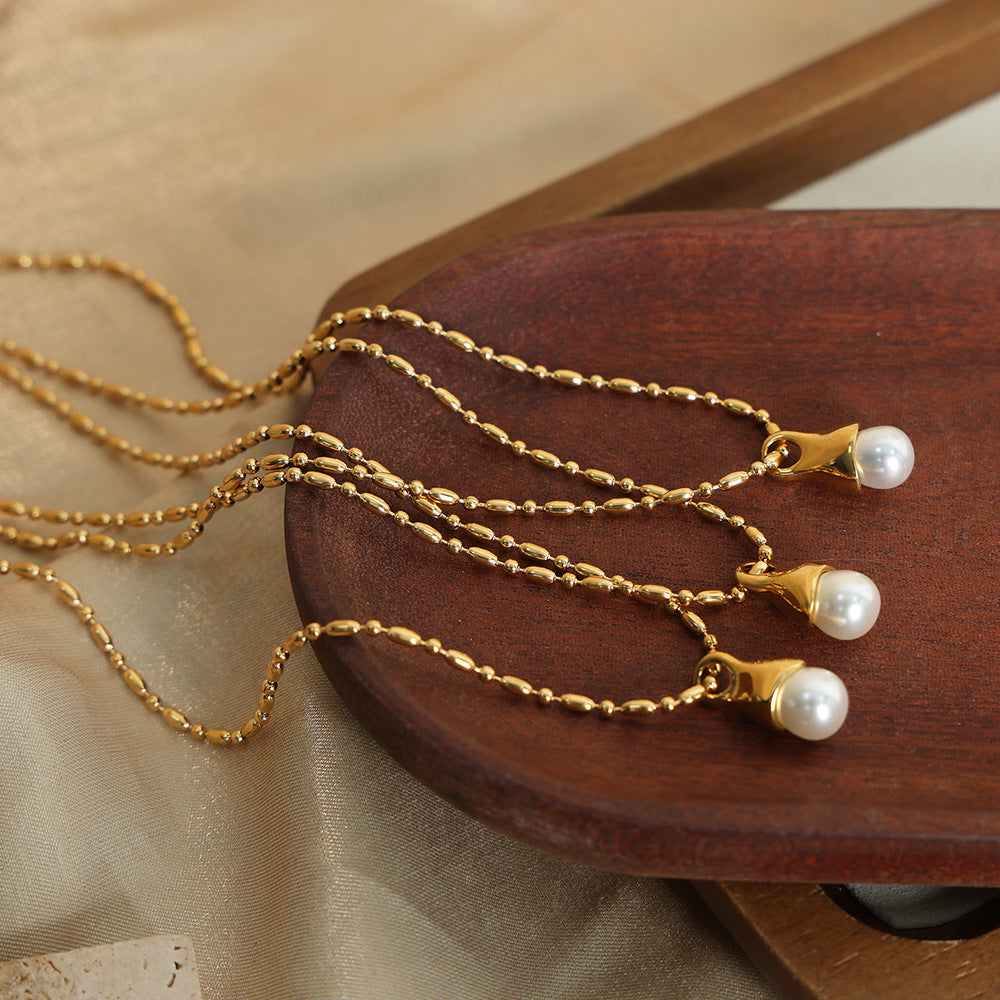 New light luxury simple niche design titanium steel gold-plated high-gloss bead pendant necklace fashion jewelry female pp