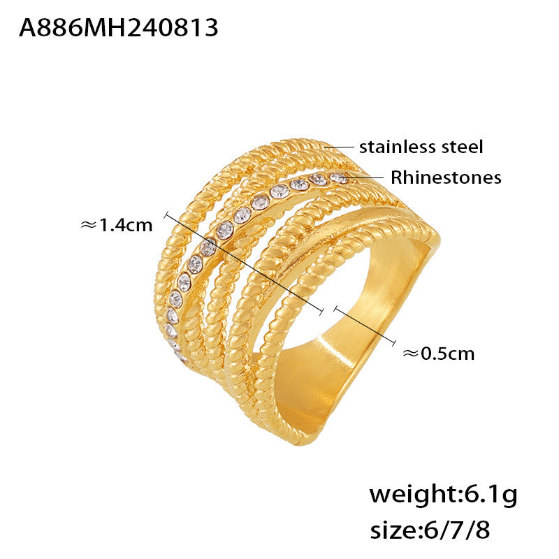 Hot Sale Multi-layer Twist Cross Diamond Set Hollow Ring Stainless Steel Plated 18K Gold Personality Ring