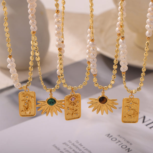 New fashion light luxury natural tiger's eye stone pendant freshwater pearl beaded copper necklace jewelry