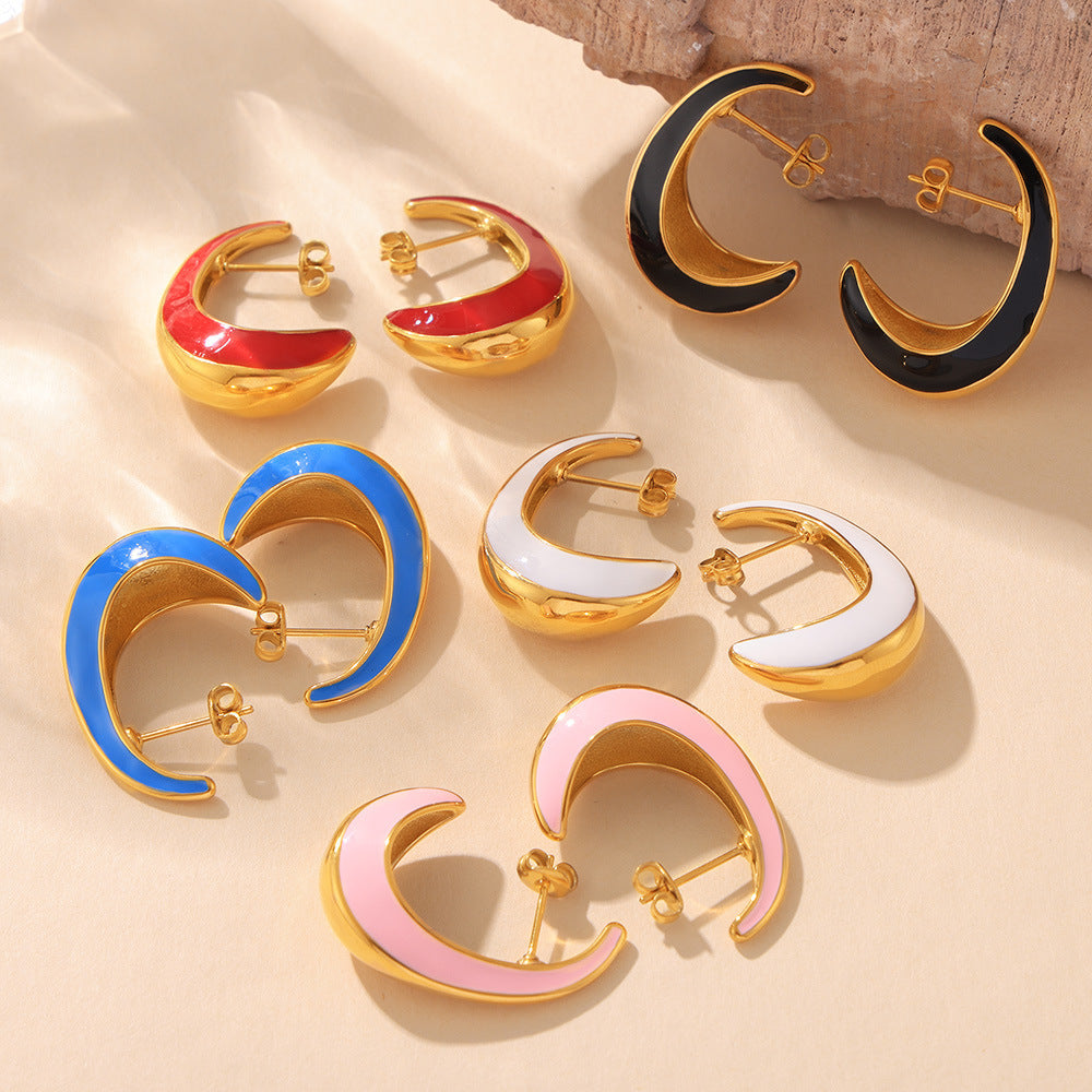 Chic style crescent moon shape inner hollow surface dripping earrings stainless steel plated 18k gold light luxury earrings