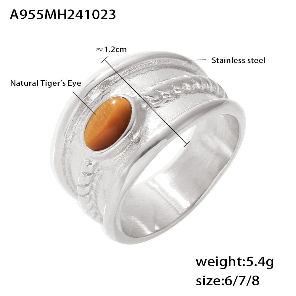 Stainless steel turquoise tiger's eye stone twist pattern ring women's PVD electroplated real gold color retention tail ring spot 99