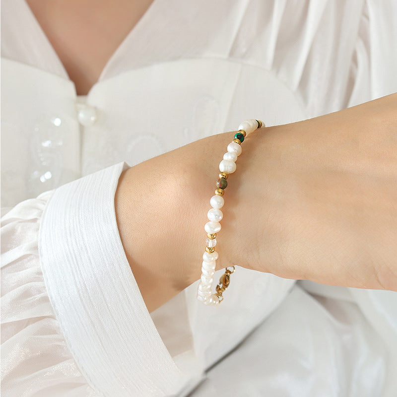 Light luxury retro style fashion natural freshwater pearl natural stone titanium steel gold-plated beaded bracelet bracelet jewelry
