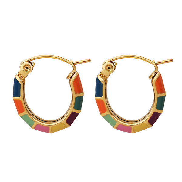 Retro non-fading neutral wind colorful splicing drip earrings, titanium steel gold-plated material high-texture ear buckles