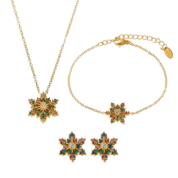 Colorful snowflake zircon necklace bracelet stud earrings set women's titanium steel full diamond jewelry does not fade jewelry wholesale