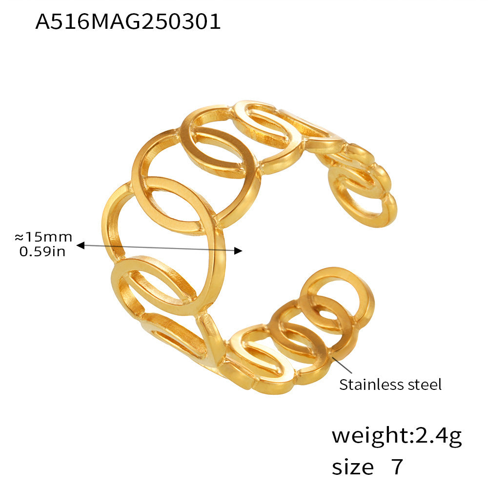 Interlocking ring cold wind niche hollow ring staggered stainless steel plated 18K gold index finger ring pp