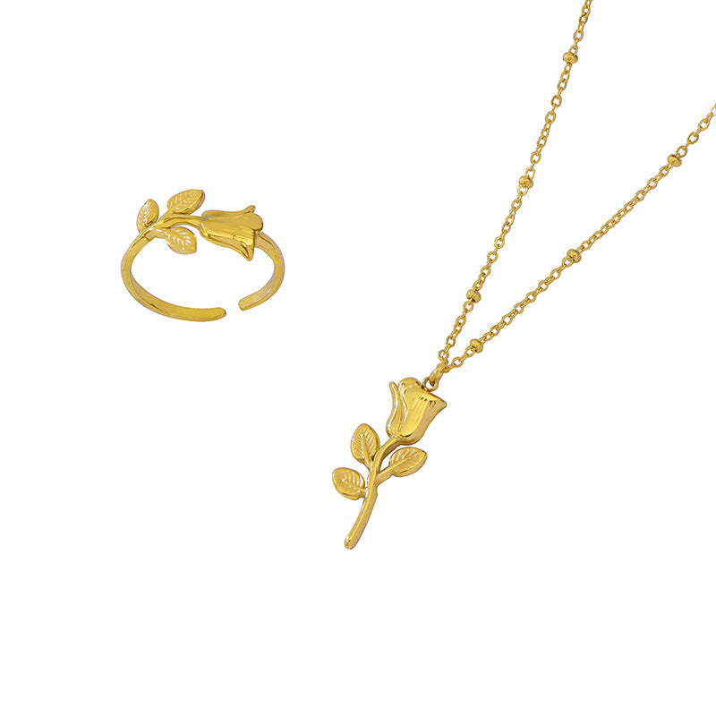 Trendy versatile fashion sweet Internet celebrity accessories, rose ring necklace jewelry set wholesale pp