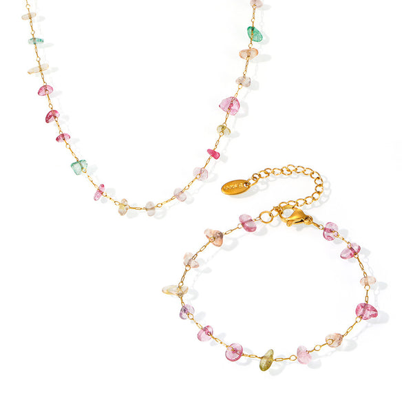 Dopamine Crystal Stone Stainless Steel Chain Clavicle Necklace Bracelet Niche Sweet Wind Set