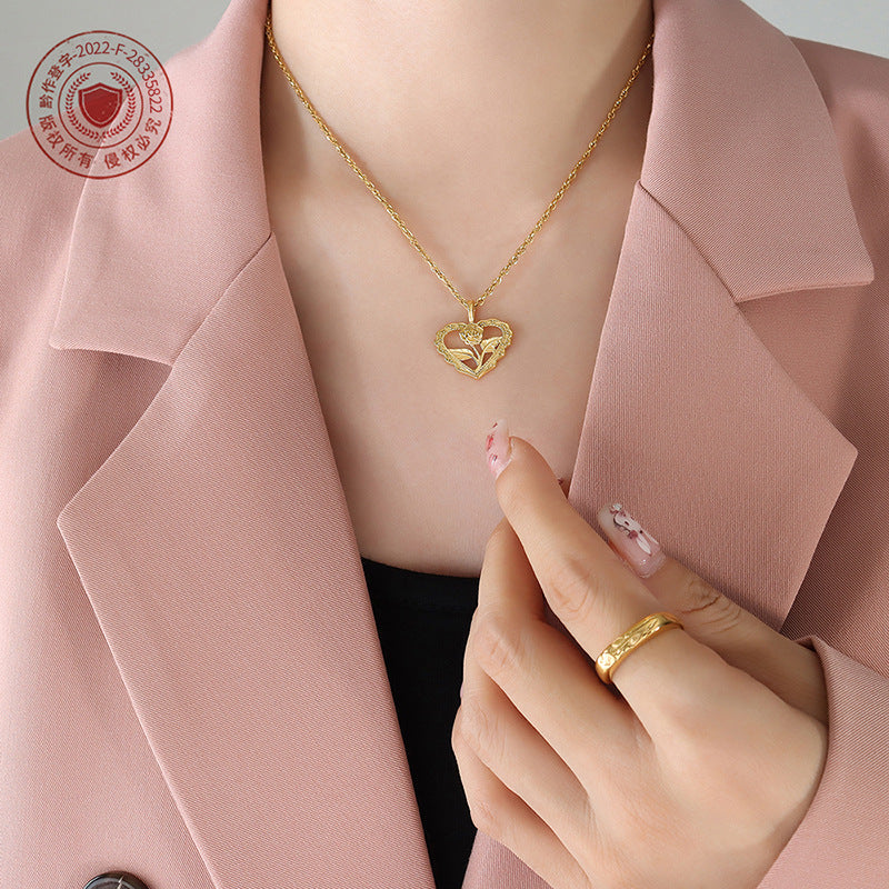 Vintage irregular love rose hollow pendant flower ring necklace titanium steel gold-plated jewelry set pp
