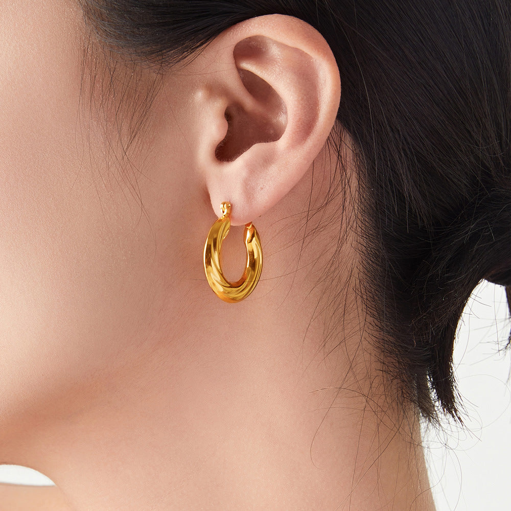 Fashion Commuter Simple Personality Twist Earrings Titanium Steel Gold Plated Geometric Multi-layer Texture Design Sense Earrings