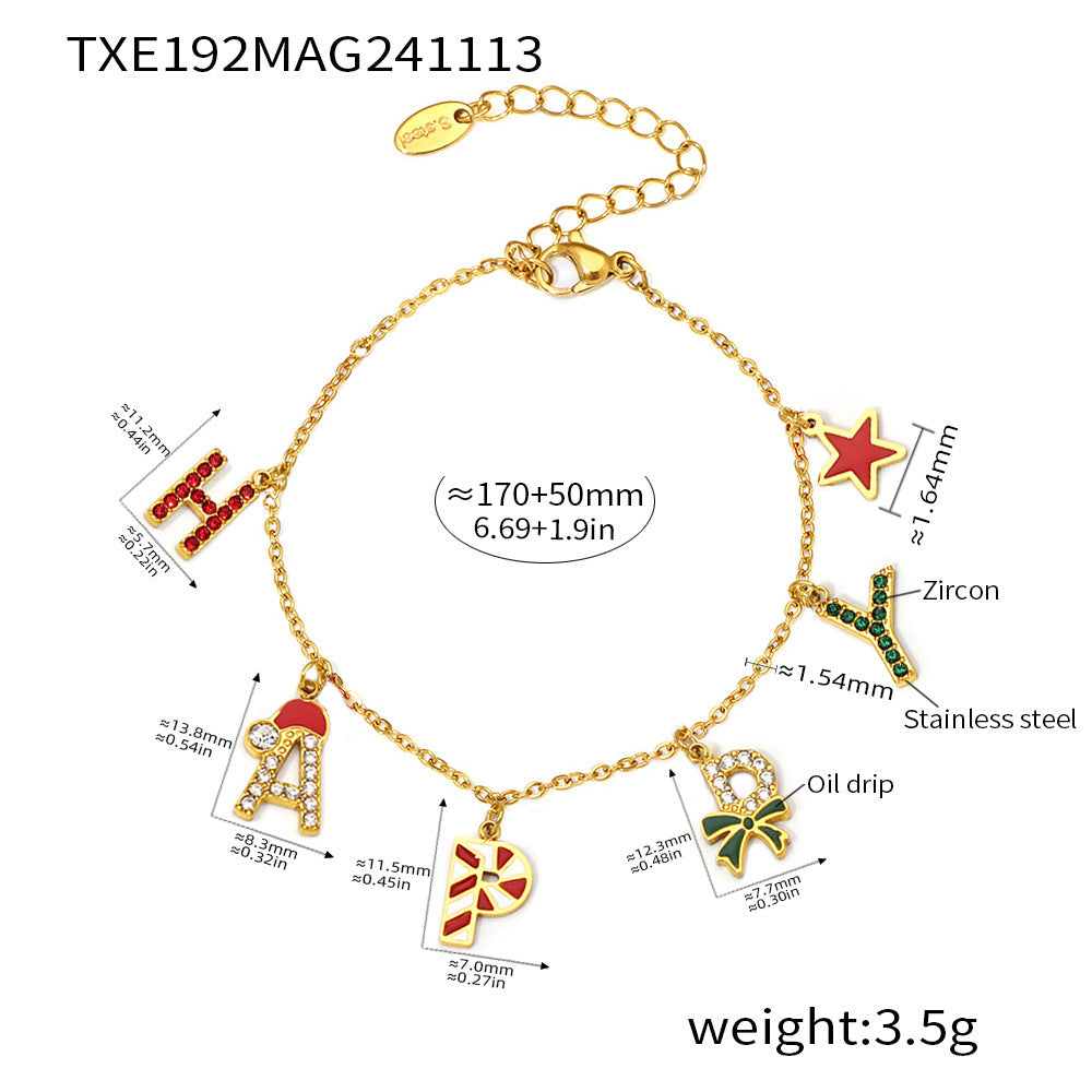 Christmas jewelry enamel glaze inlaid zircon HAPPY letter necklace bracelet earrings European and American set