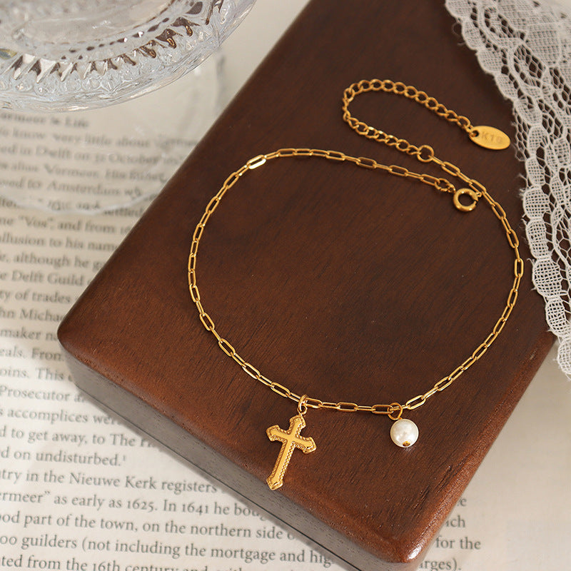 Summer exposed ankle niche design sense retro cross pendant pearl accessories anklet jewelry