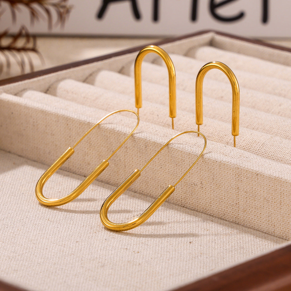 Cold wind new earrings gold paperclip ear hooks personalized simple titanium steel plated 18k real gold earrings