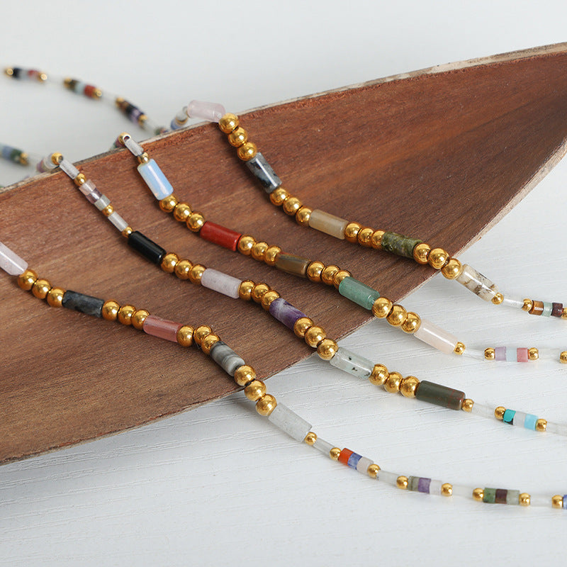 New cross-border high-end light luxury titanium steel gold-plated natural crystal stone handmade beaded necklace jewelry female pp