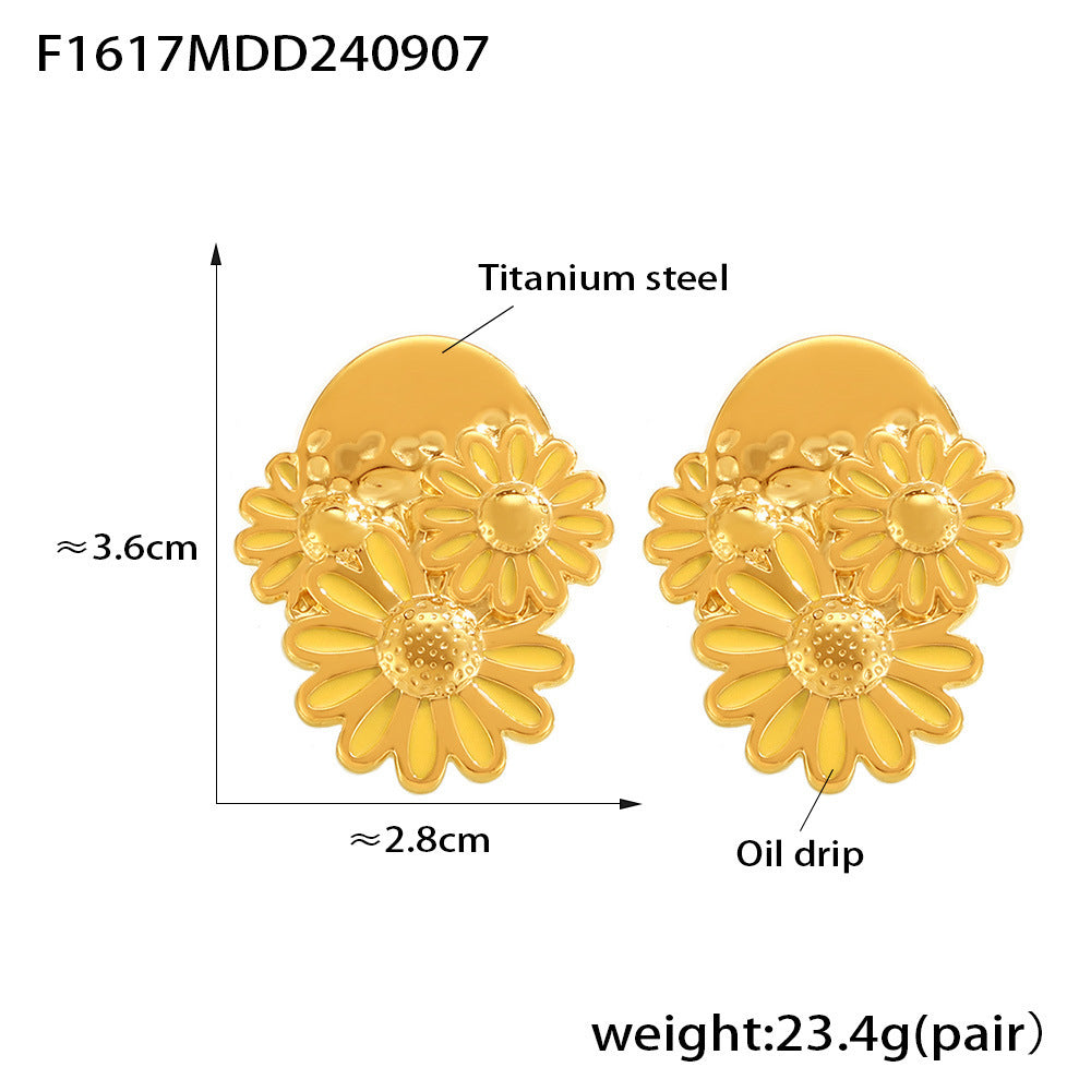Chrysanthemum stud earrings 18k gold titanium steel small daisy oil dripping earrings women's temperament retro earrings wholesale