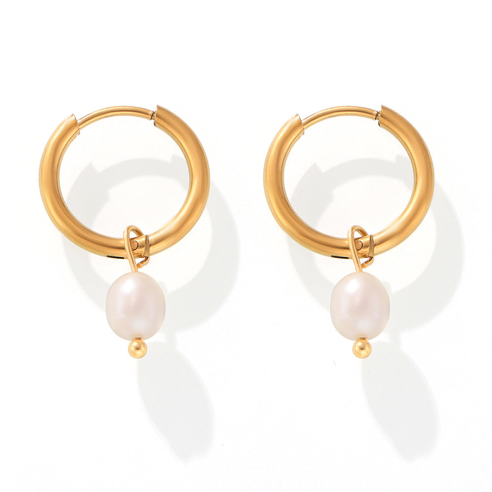 Tassel imitation pearl earrings fashion personalized design titanium steel plated 18k gold light luxury versatile earrings spot