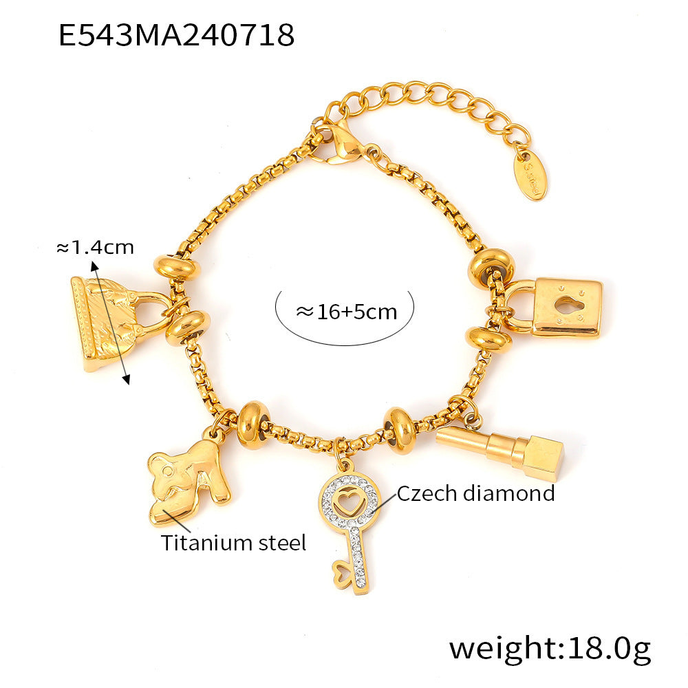 Multi-element tag diamond pendant bracelet adjustable trend retro titanium steel plated 18K gold bracelet