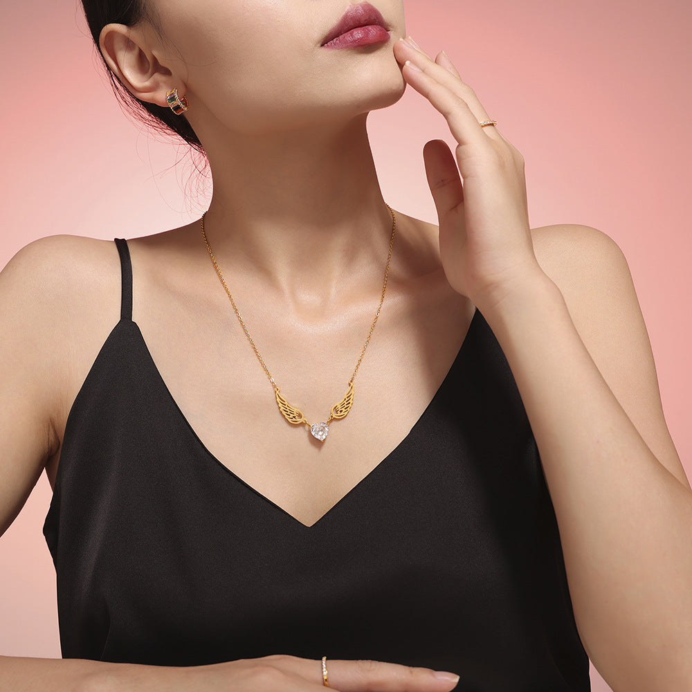 Love Zircon Angel Wings Necklace Versatile Personality Temperament Muse Gift Titanium Steel Clavicle Chain Jewelry Women