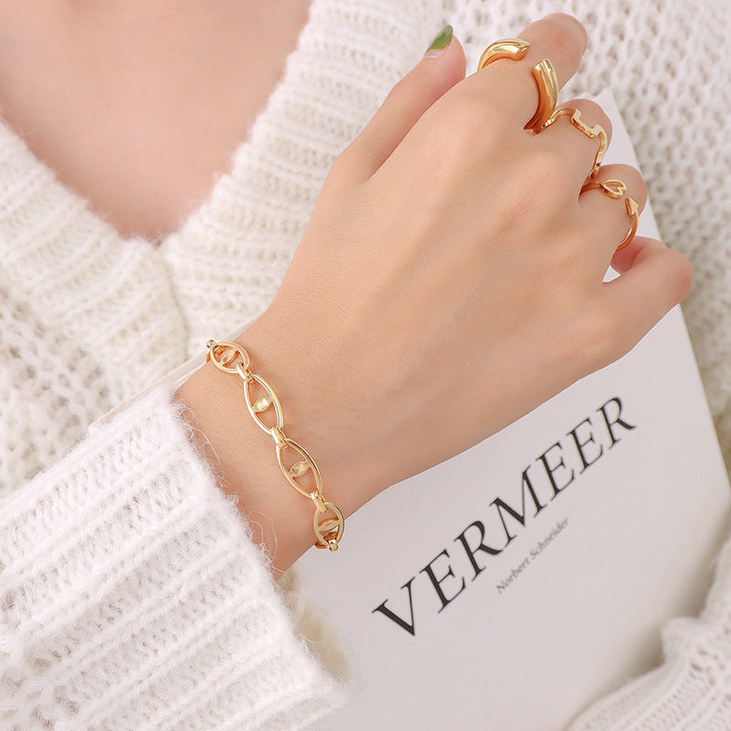 Hip-hop design geometric elements stacked simple bare chain titanium steel plated 18K gold bracelet accessories set pp