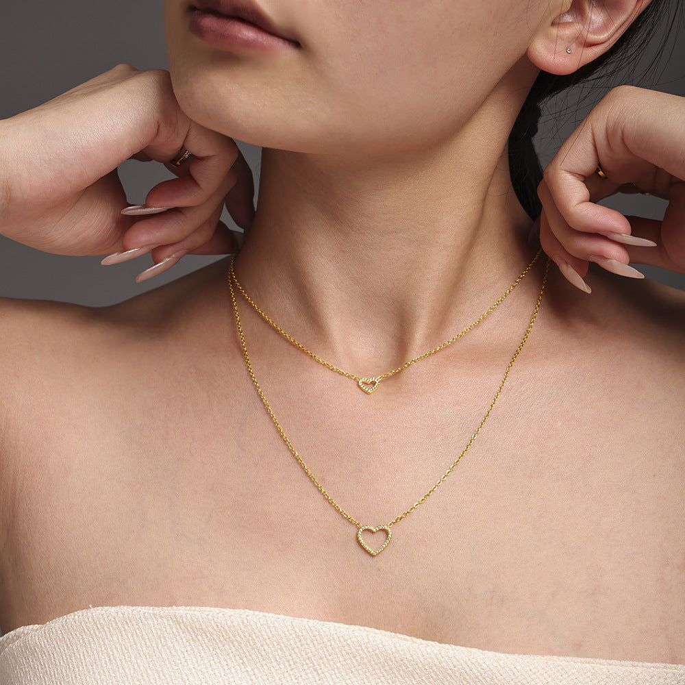 Hot-selling British niche design double-layer necklace female love zirconium embedded impermeable steel pp