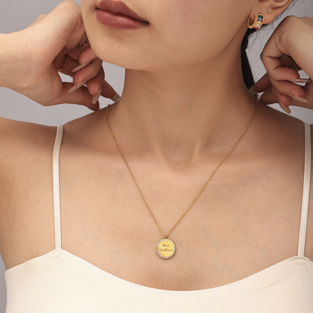 Diamond-encrusted gypsy double-sided meve letters stacked collarbone necklace bracelet exquisite titanium steel set pp