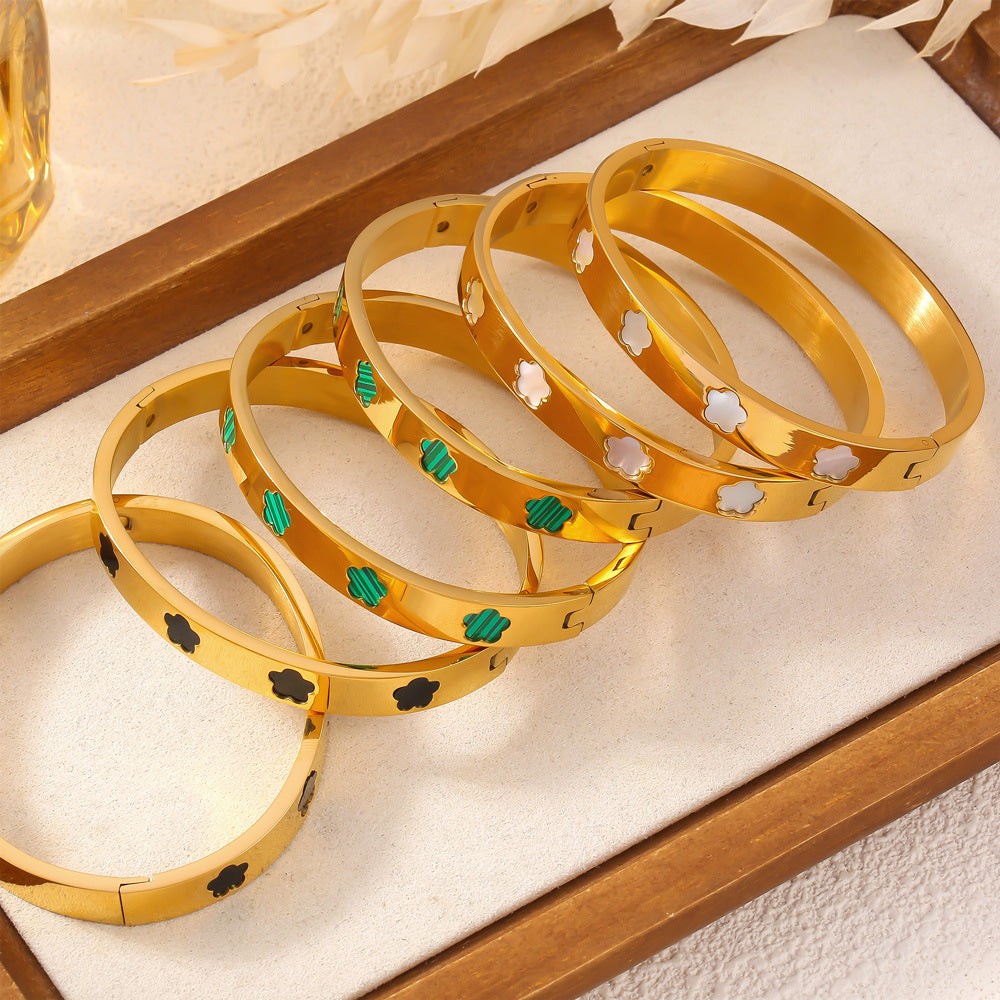 Hot-selling niche personality geometric bracelet flower shape inlaid fritillary acrylic design titanium steel bracelet pp