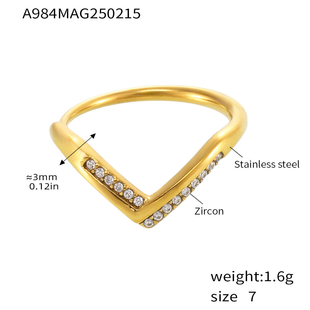 V-shaped diamond 5A zircon side opening adjustable stainless steel ring women's non-fading index finger ring
