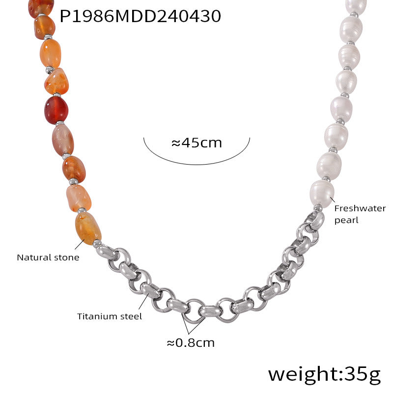 Simple individual cold wind light luxury jewelry freshwater pearl natural stone handmade beaded design titanium steel necklace pp