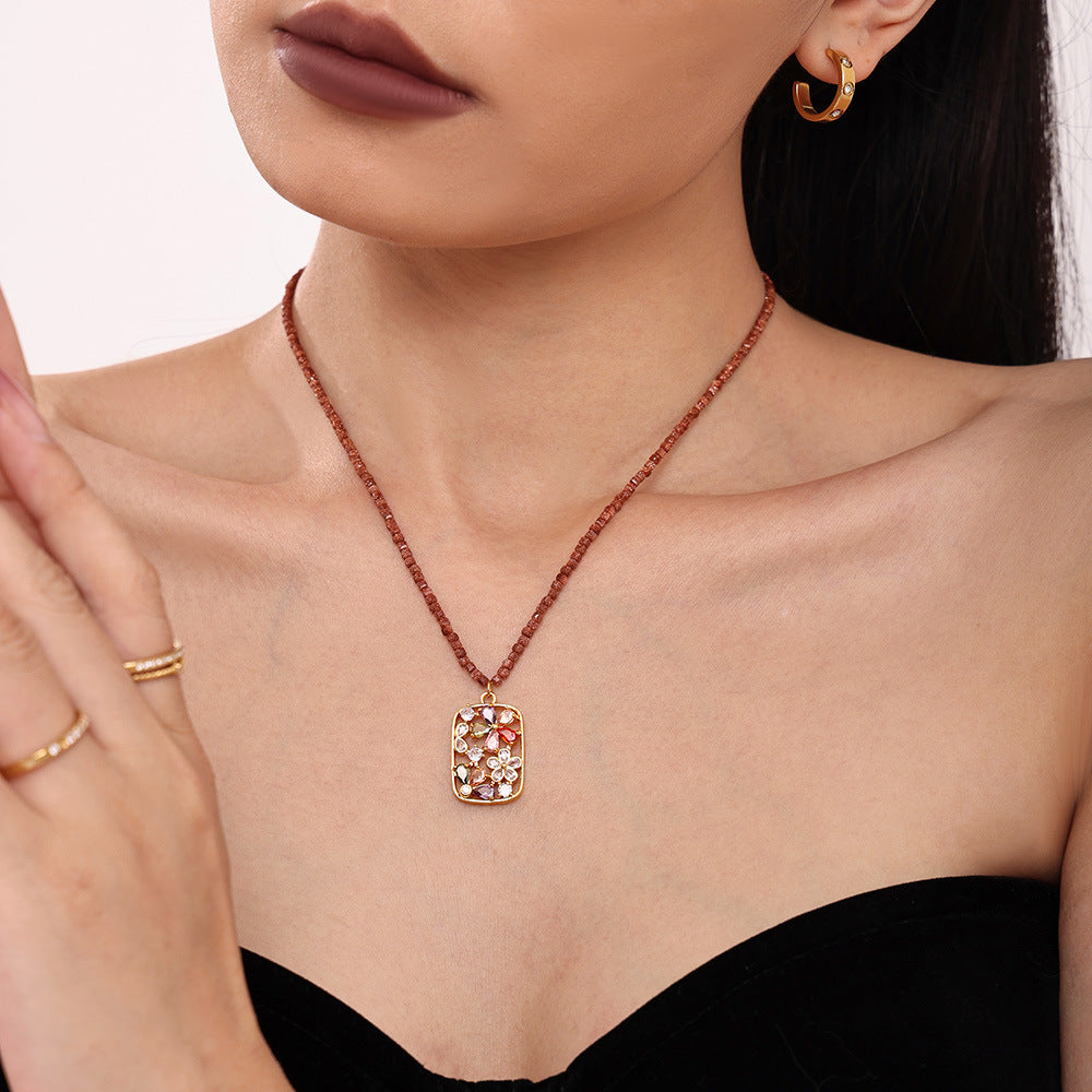 Color zircon small flower copper pendant necklace natural stone handmade beaded sugar cube luxury collarbone accessories spot