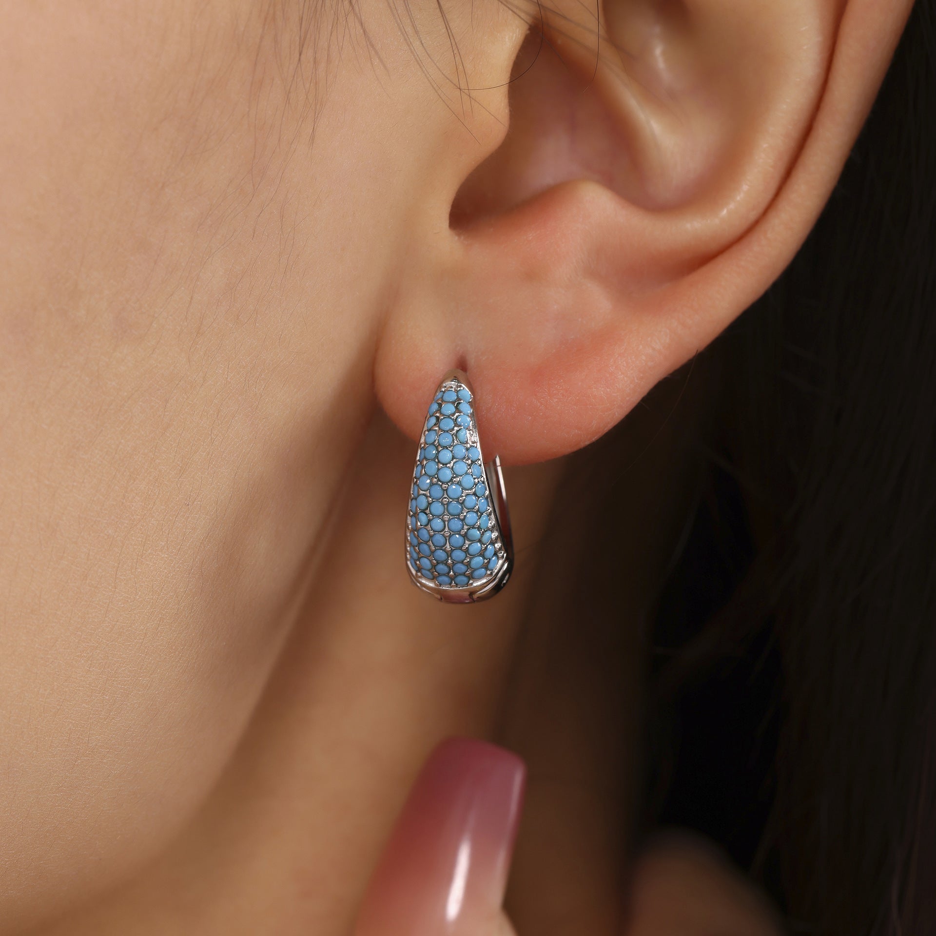 Blue Turquoise Colorful Zircon Circle Earrings Temperament Ear Buckles Commuter Earrings Stainless Steel Electroplated 18K Real Gold