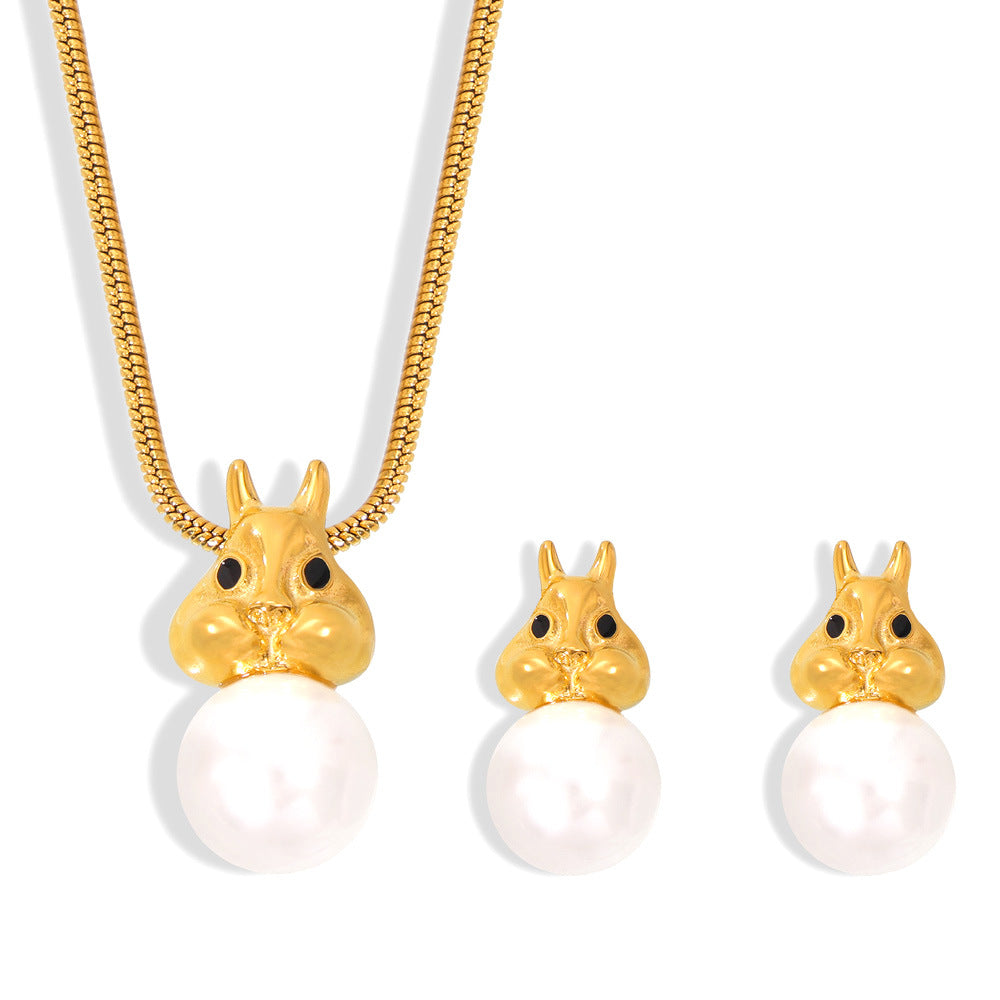 Simple and personalized versatile snake bone chain jewelry cute rabbit inlaid bead design titanium steel jewelry set