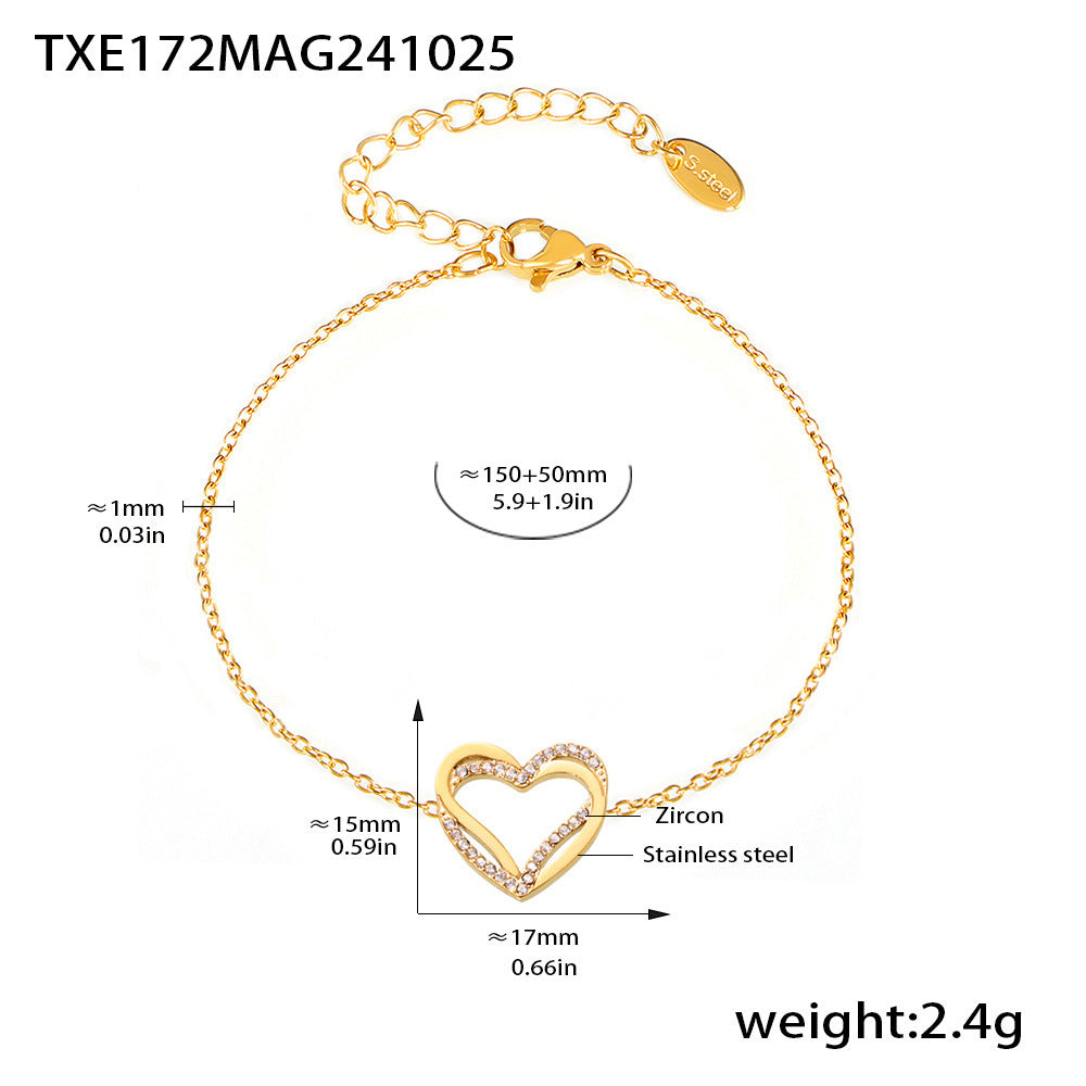 Light luxury double-layer love inlaid zircon collarbone necklace bracelet PVD plated real gold niche sweet set pp