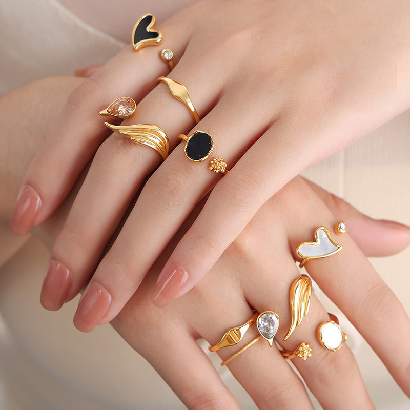 Fashion commuting niche simple versatile geometric shape design sense zircon color shell inlaid titanium steel gold-plated ring pp