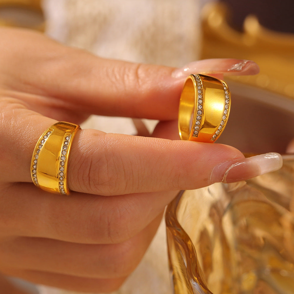Smooth edged diamond ring simple light luxury titanium steel plated 18k real gold wide version ins wind hand jewelry pp
