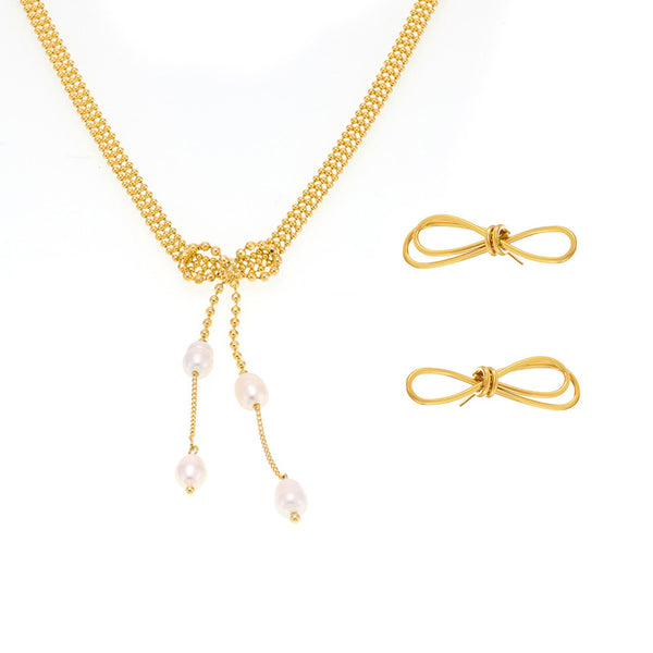 Bow stud earrings fringed freshwater pearl necklace stainless steel plated 18K real gold niche sweet wind set