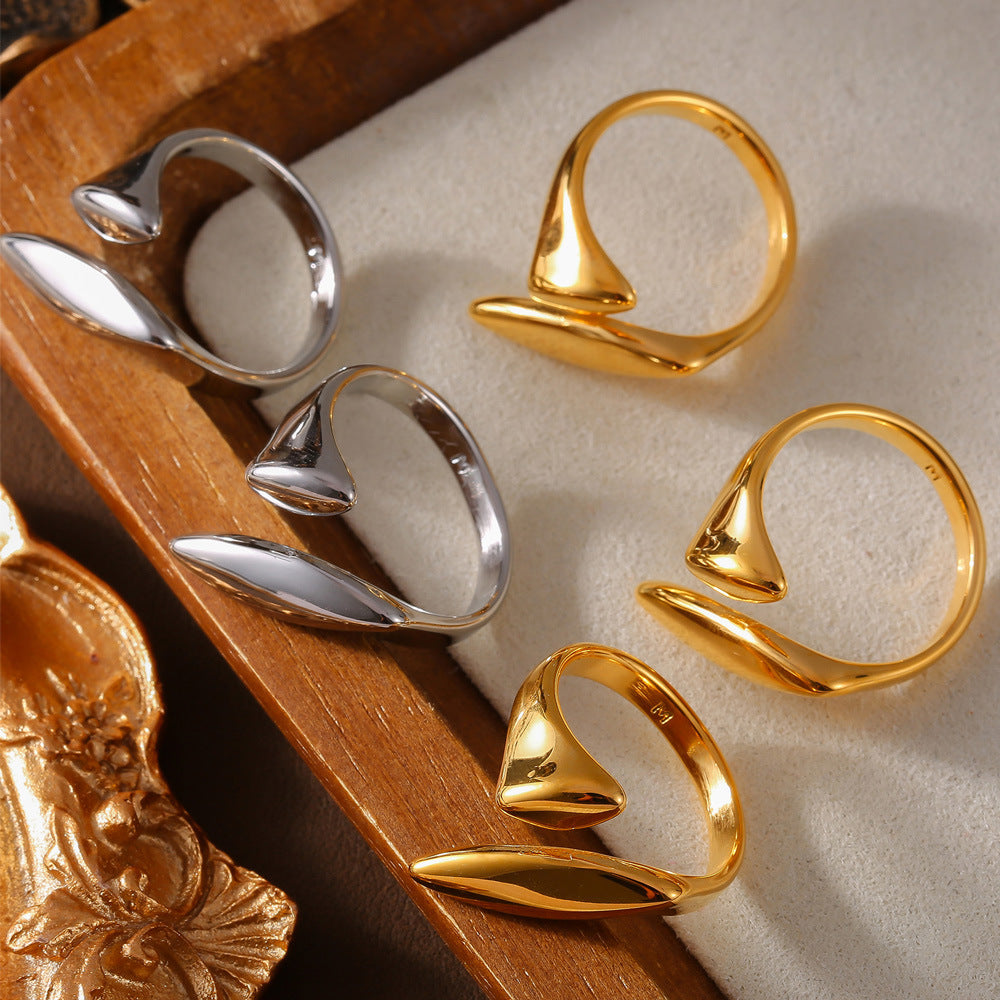 Minimalist style elegant temperament personalized open index finger ring geometric personality melon seed shape design titanium steel gold-plated ring pp
