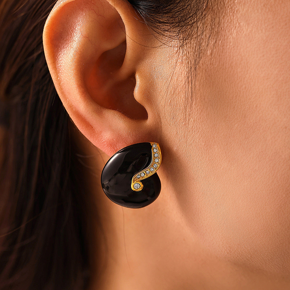 Court stud earrings Conch blue zircon titanium steel PVD gold-plated enamel color glaze simple color-retaining earrings