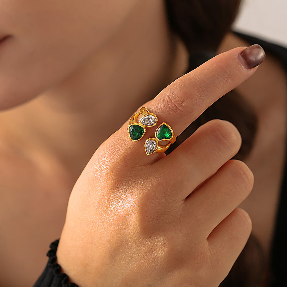 Fashion double-layer love water drop glass stone ring niche design stainless steel open jewelry women
