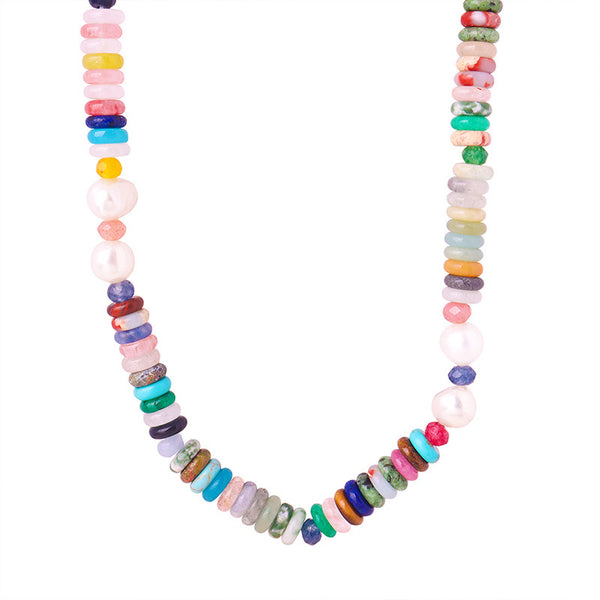 New ethnic style retro baroque freshwater pearl colored natural stone handmade beaded necklace jewelry female pp