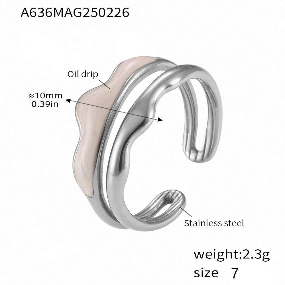 Weight color glaze double layer wave ring temperament creative opening stainless steel plated real gold does not fade jewelry women