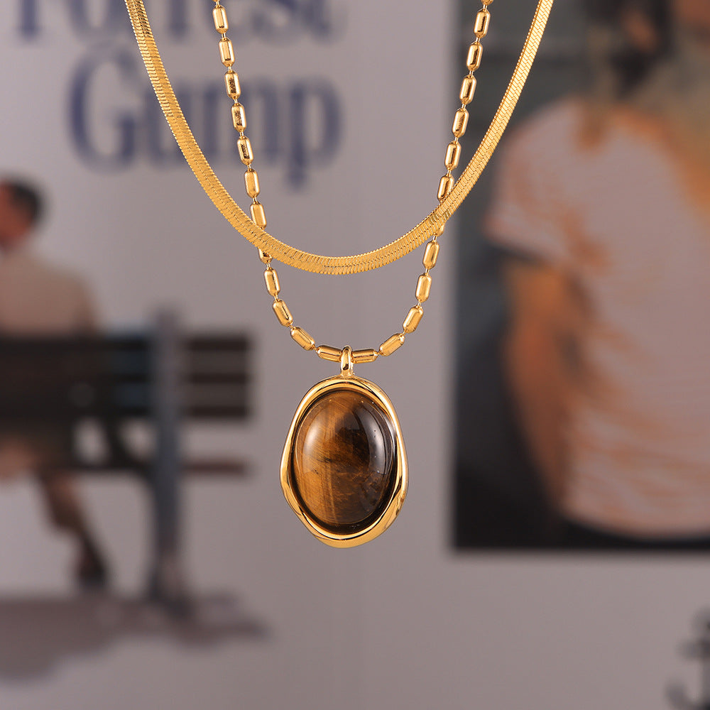 Simple temperament personalized rice bead chain jewelry irregular round brand tiger eye stone pendant titanium steel necklace